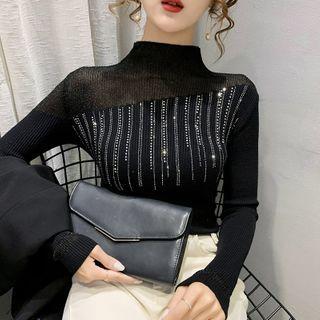 Long-sleeve Rhinestone Mock-neck Knit Top