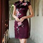 Cap-sleeve Flower Embroidered Mini Qipao