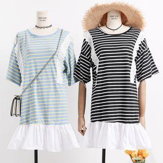 Lace-trim Striped T-shirt Dress