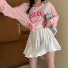 Dolman-sleeve Lettering Print T-shirt / Pleated Mini Skorts