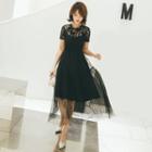 Short-sleeve Lace Paneled A-line Midi Dress