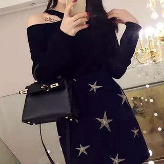 Set: Cold-shoulder Top + Star Embroidered Mini A-line Skirt