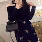 Set: Cold-shoulder Top + Star Embroidered Mini A-line Skirt