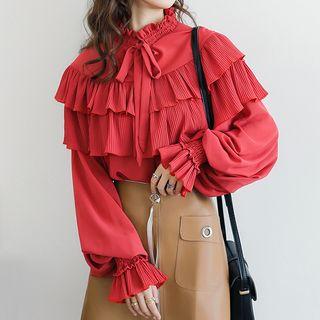 Puff-sleeve Ruffle Trim Chiffon Blouse Red - One Size