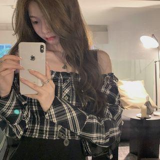 Off Shoulder Plaid Blouse / Mini Skirt