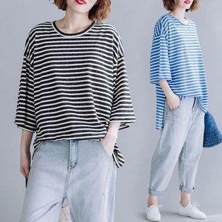 Asymmetrical Striped Above-elbow Sleeve Medium Long T Shirt