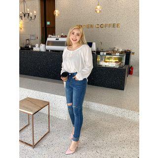 Beribboned Scoop-neck Shirred Tunic