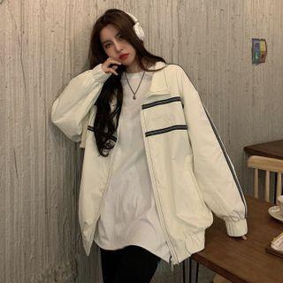 Contrast Trim Zip-up Jacket White - One Size
