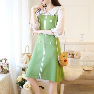 3/4-sleeve Color Block Contrast Trim A-line Knit Dress