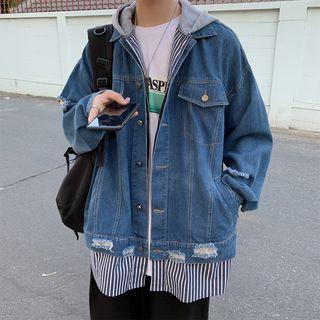 Stripe Panel Distressed Hooded Denim Jacket