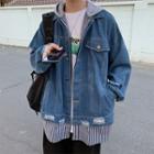 Stripe Panel Distressed Hooded Denim Jacket