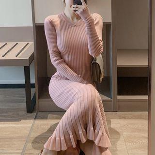 Ruffle Hem Long-sleeve Knit Maxi Dress