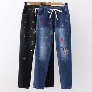 Deer Embroidered Fleece-lined Jeans