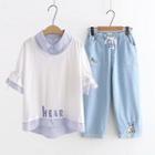 Mock Two-piece Bell-sleeve T-shirt / Rabbit Embroidered Straight-cut Jeans / Set