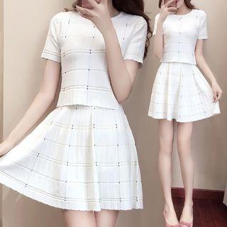 Set: Short-sleeve Jacquard Top + A-line Skirt