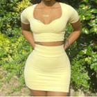 Set: Short-sleeve Fitted Crop Top + Mini Skirt