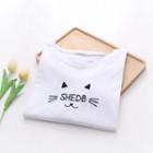Long-sleeve Cat Embroidered T-shirt White - One Size