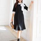 Elbow-sleeve Bow Accent A-line Dress