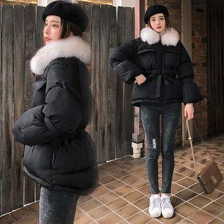 Furry-trim Tie-waist Zip Padded Jacket