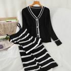 Set: Cardigan + Spaghetti Strap Striped Midi Knit Dress Set - Cardigan & Spaghetti Strap Dress - Black - One Size