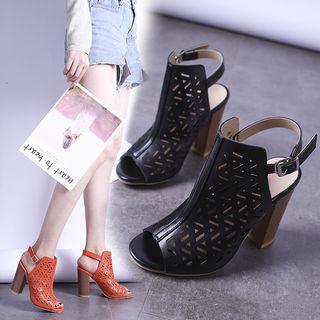 Faux Leather Laser Cut Peep Toe Block Heel Sandals