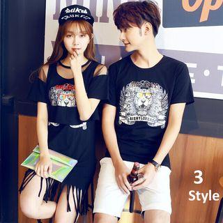 Couple Matching Printed Short Sleeve T-shirt / Short Sleeve Fringed Dress