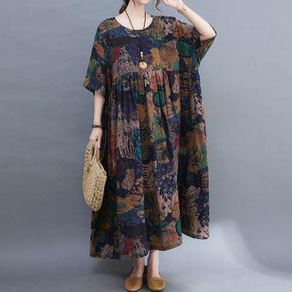 Print Maxi A-line Dress Brown & Green & Tangerine & Dark Blue - One Size