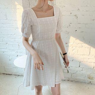 Puff Sleeve Square Neck Lace Mini A-line Dress