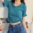 Short-sleeve Ruffle Trim Ribbed Cropped Knit Top