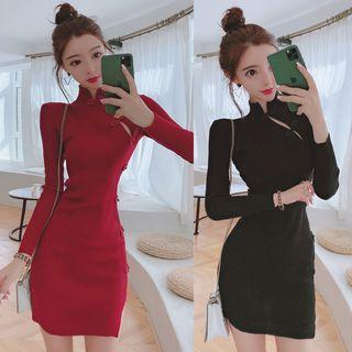 Cut-out Frog-buttoned Long-sleeve Mini Sheath Dress
