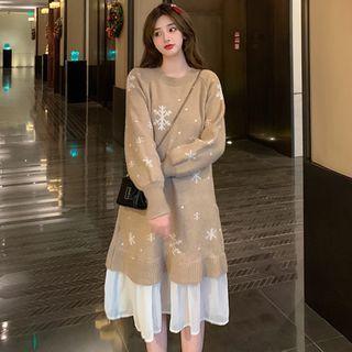 Long-sleeve Mock Two-piece Snowflake Print Dress