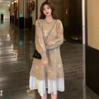 Long-sleeve Mock Two-piece Snowflake Print Dress