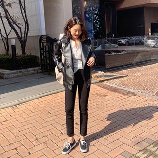 Diagonal-zip Pleather Biker Jacket Black - One Size