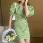 Puff-sleeve V-neck Floral Mini A-line Dress Green - One Size