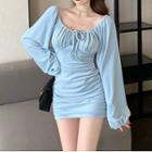 Off-shoulder Shirred A-line Dress Light Blue - One Size