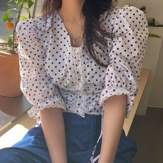 Dot Print V Neck Drawstring Flare Sleeve Shirt