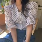 Dot Print V Neck Drawstring Flare Sleeve Shirt