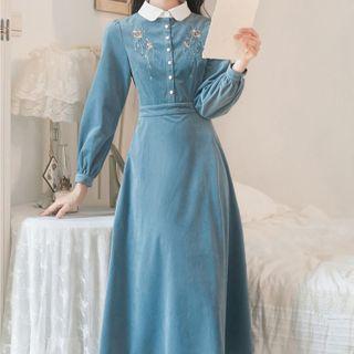 Collared Embroidered Corduroy Dress