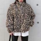 High-neck Drawstring-hem Leopard Dumble Jacket
