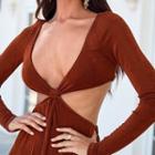 Long-sleeve V-neck Cutout Knit Wide Leg Jumpsuit