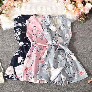Sleeveless Floral Print Tie-waist Romper