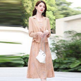 Set: Long-sleeve Printed Midi A-line Dress + Blazer