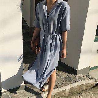 Short-sleeve Slit Midi Shirtdress