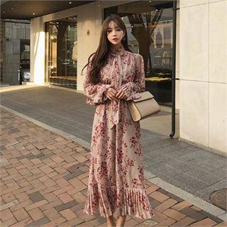 Beribboned Frilled Chiffon Maxi Dress Beige - One Size