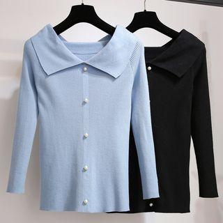 Long-sleeve Wide Collar Buttoned Knit Top