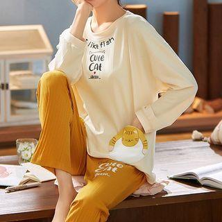 Loungewear Set : Long-sleeve Cat Print Top + Pants