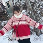 Long-sleeve Print Knit Sweater Red - One Size