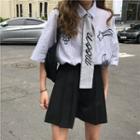 Elbow-sleeve Striped Shirt With Tie / Pleated Shorts