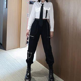 Long-sleeve Neon Cropped Shirt / Tie / Cargo Harem Pants / Belt / Set