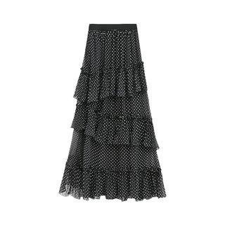 Polka Dot Asymmetric Ruffled Chiffon A-line Maxi Skirt